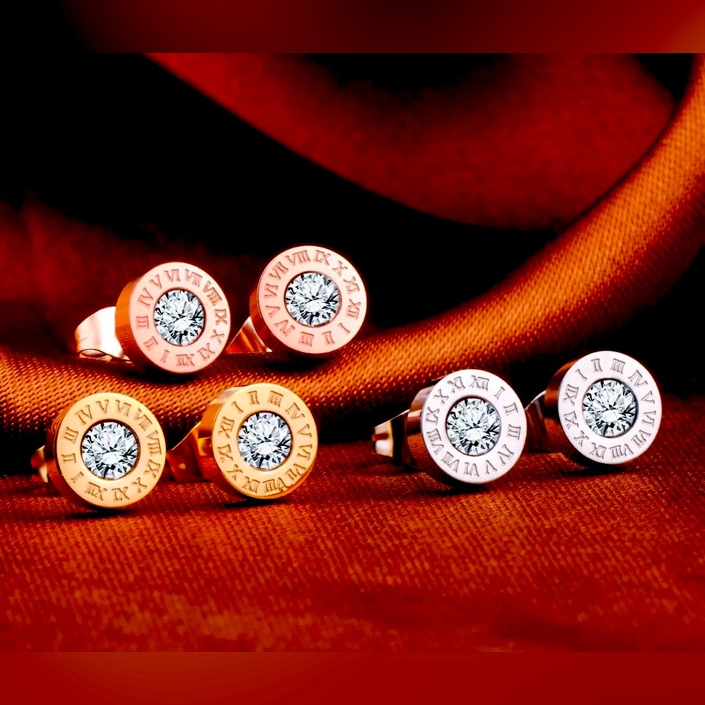 NEW! Roman Numeral Cubic Zirconia Stud Earrings GOLDISH/ROSE GOLDISH/SILVERY